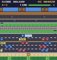 Nine Lives title screen: a pixel-art cat on a brick wall above a busy street